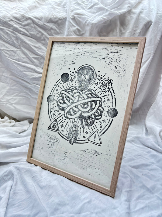 PRINT A4 LINOGRAVURE : LE CERVEAU SANS REPOS